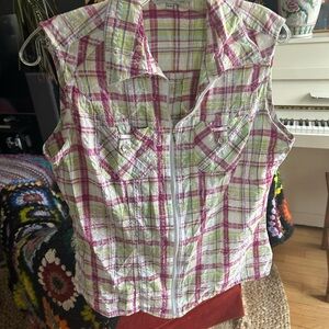 Y2K Sleeveless Pink and Green Plaid Blouse M